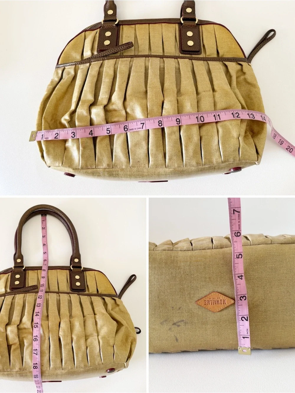 MZ Wallace Bag Bedford Bea Leather Pleated Canvas Satchel Metallic Gold - Picture 12 of 16
